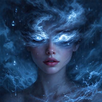 The primary subject of the image is a woman with blue eyes and a blue-green background. She has a unique and striking appearance, with her eyes glowing and her hair flowing. The visual style of the image is digital art, which adds to the overall atmosphere of the scene. The colors and mood of the image are predominantly blue and green, creating a serene and otherworldly ambiance.